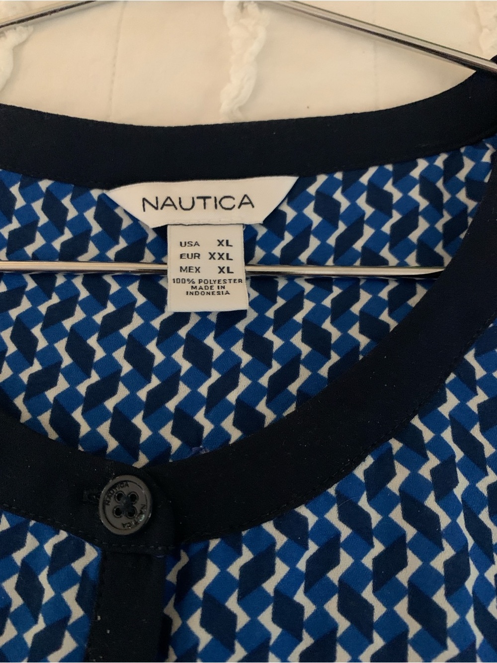 Nautica Navy and Blue Geometric Print Button Top
